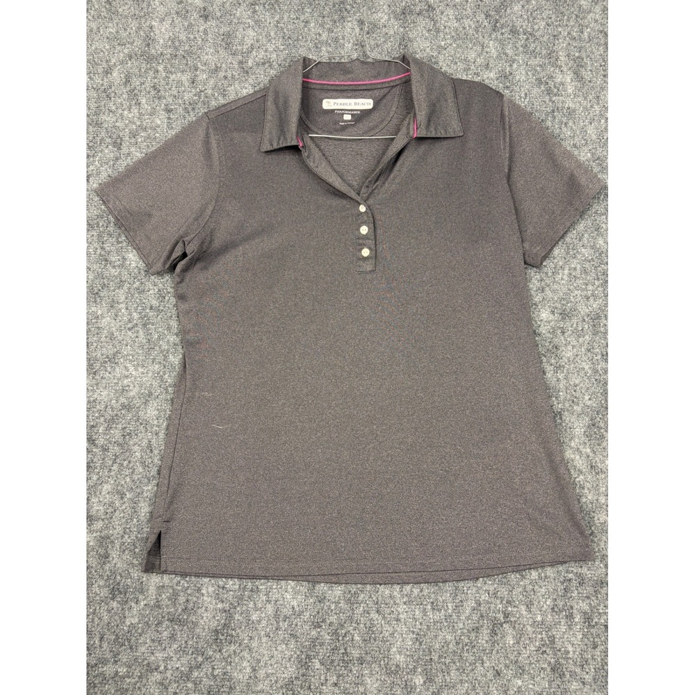Pebble Beach Performance Womens Polo Shirt Large Gray Pink Trim Golf Activewear
